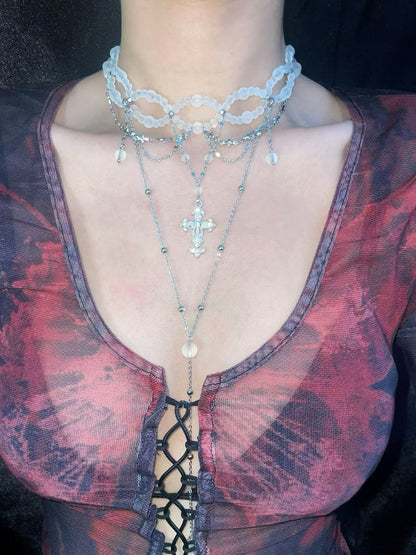 Gothic Matte Clear Bead Tassel Choker