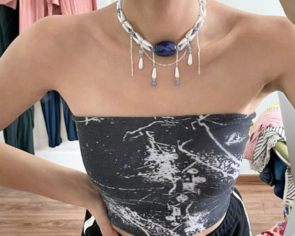 Sapphire Center Teardrop Pearl Drape Collar