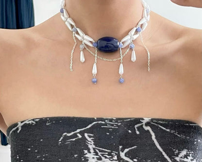 Sapphire Center Teardrop Pearl Drape Collar