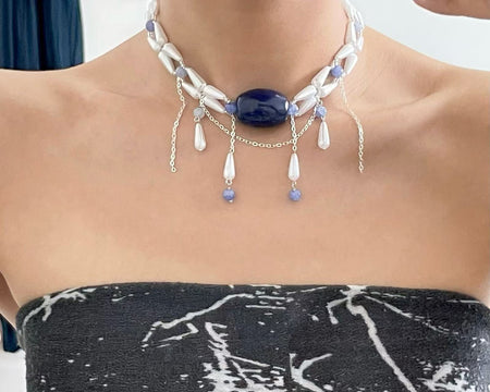 Sapphire Center Teardrop Pearl Drape Collar