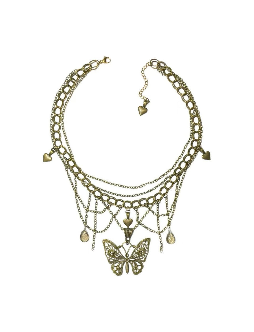 Flat lay of antique bronze butterfly layered statement choker on clean white backdrop