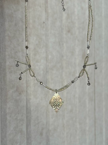 Dual Crystal Tassel Thin Silver Bead Choker