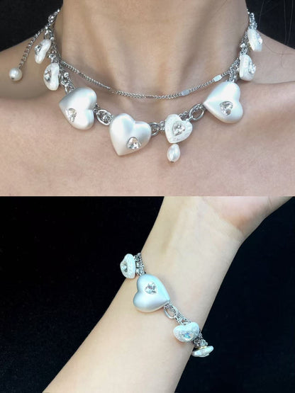 Matte White Heart Zircon Double Layer Choker