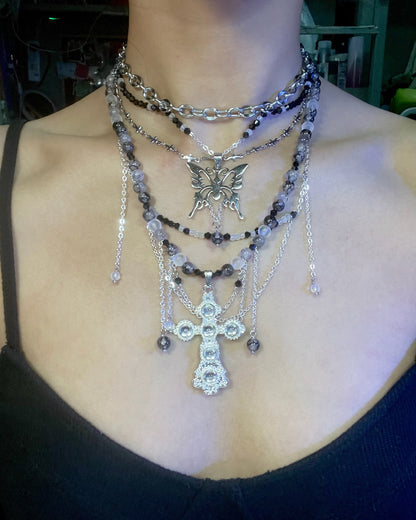 Gothic Butterfly Ornate Cross Multi-Layer Drape Collar