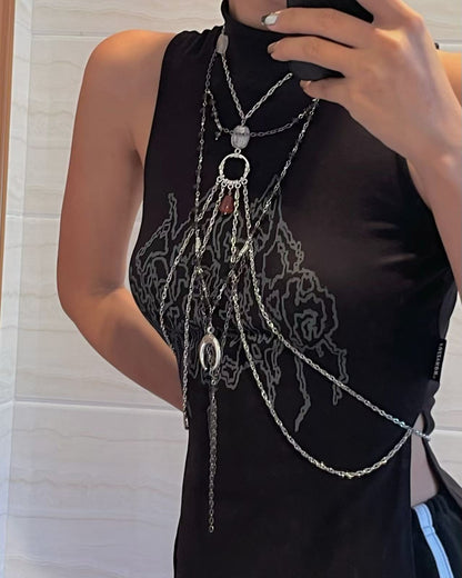 Vintage Oval Stone Multi Tassel Body Collar