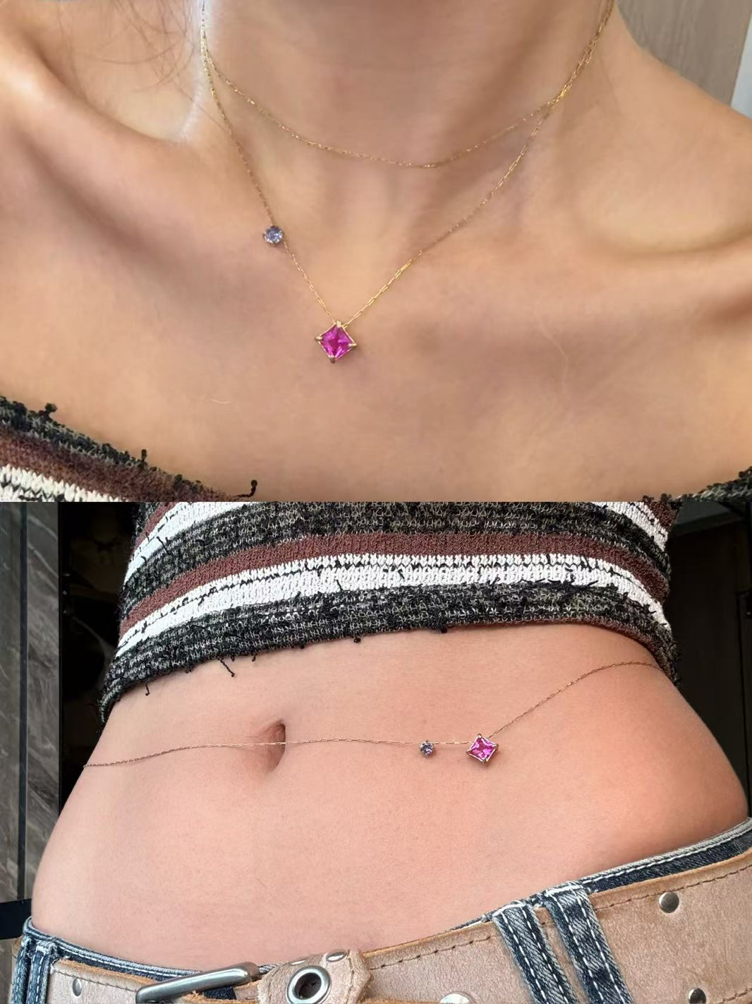 Split view of magenta pink high-carbon diamond choker and belly waist chain on gold chain