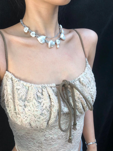 Matte White Heart Zircon Double Layer Choker