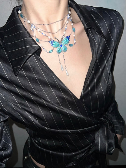 Ocean Blue Rhinestone Butterfly Multi-Layer Tassel Collar