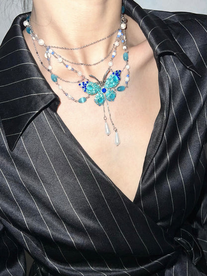 Ocean Blue Rhinestone Butterfly Multi-Layer Tassel Collar