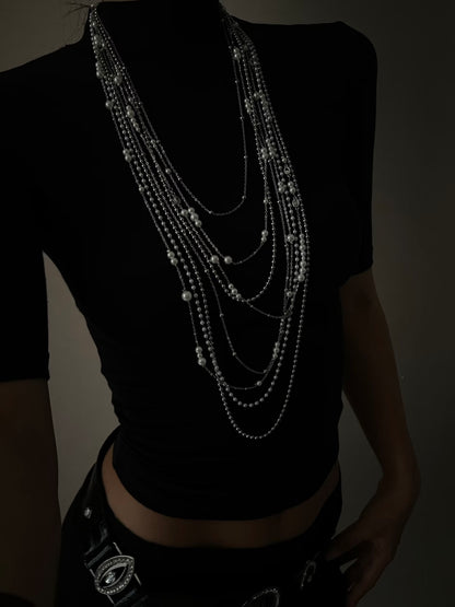 Multi-Tier Gradient Pearl Gold Waterfall Long Collar