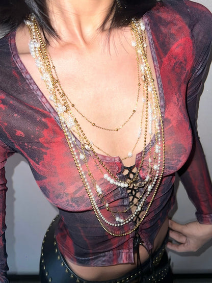 Multi-Tier Gradient Pearl Gold Waterfall Long Collar