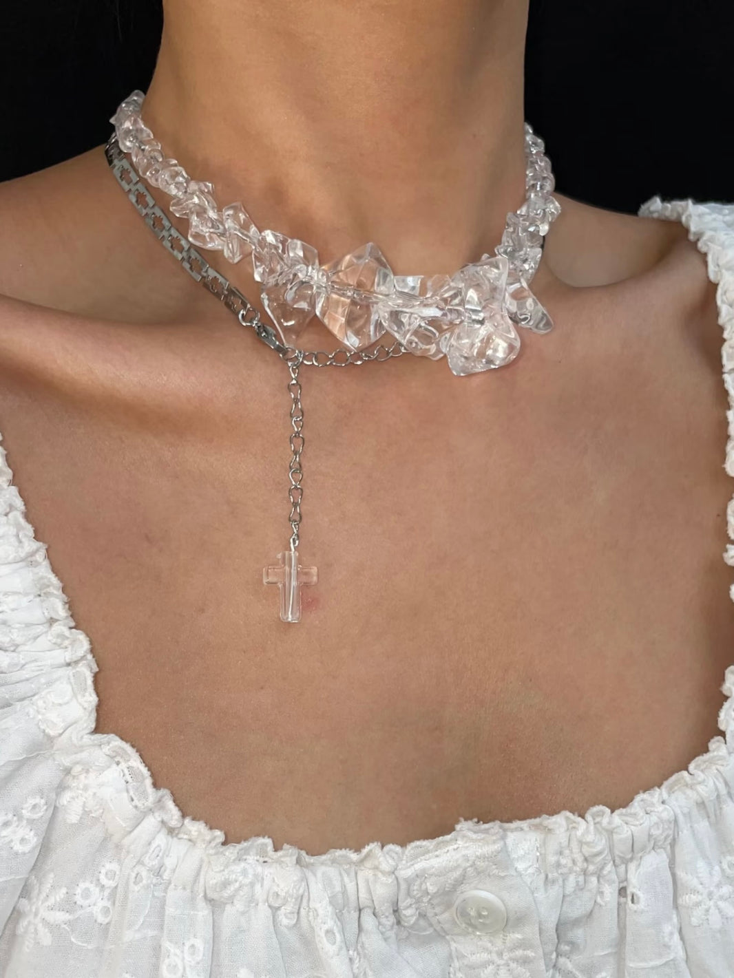 Clear ice acrylic nugget and silver filigree choker necklace for summer
