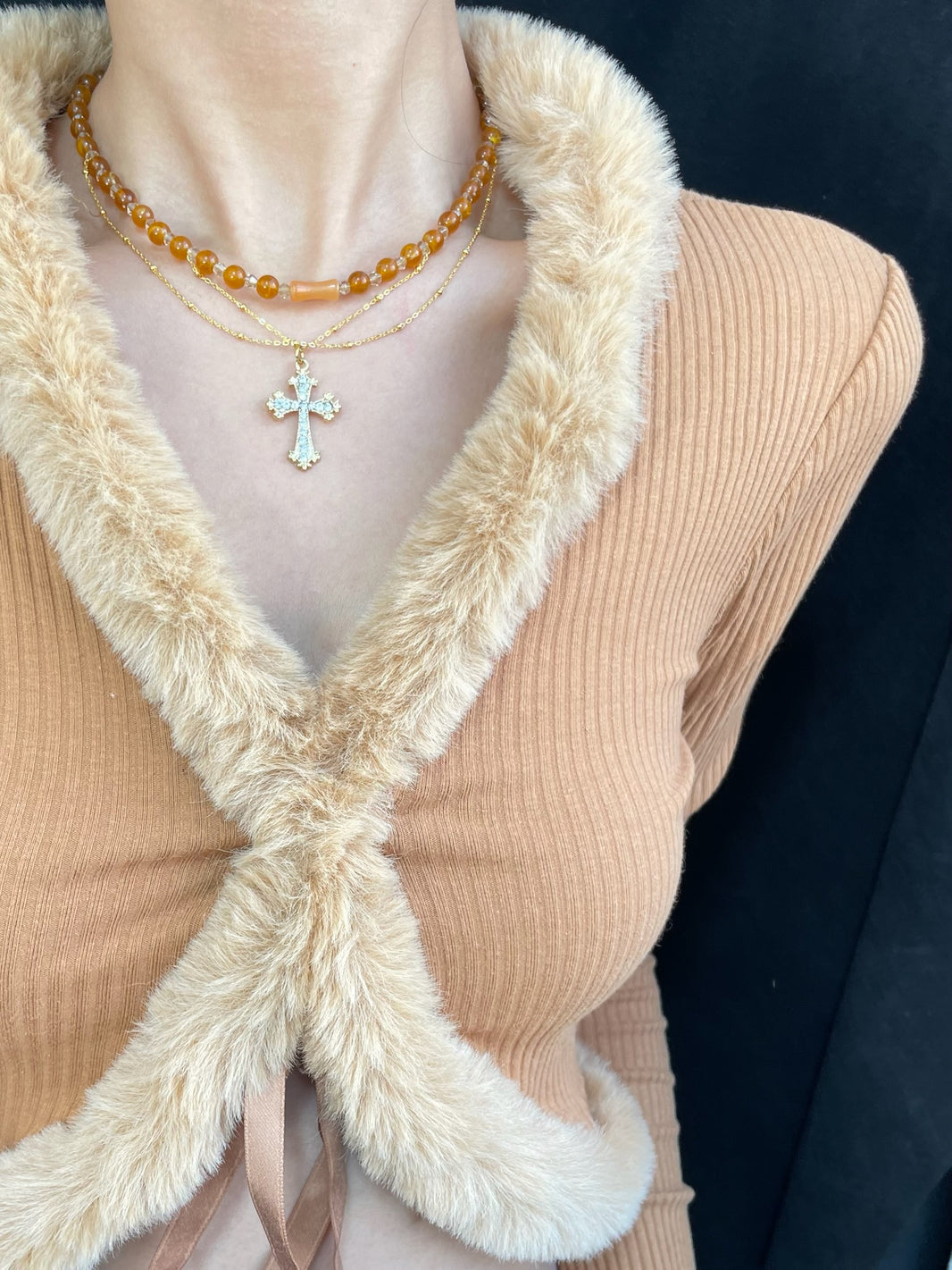 Gold amber crystal beaded layered cross necklace for elegante dinner date outfit