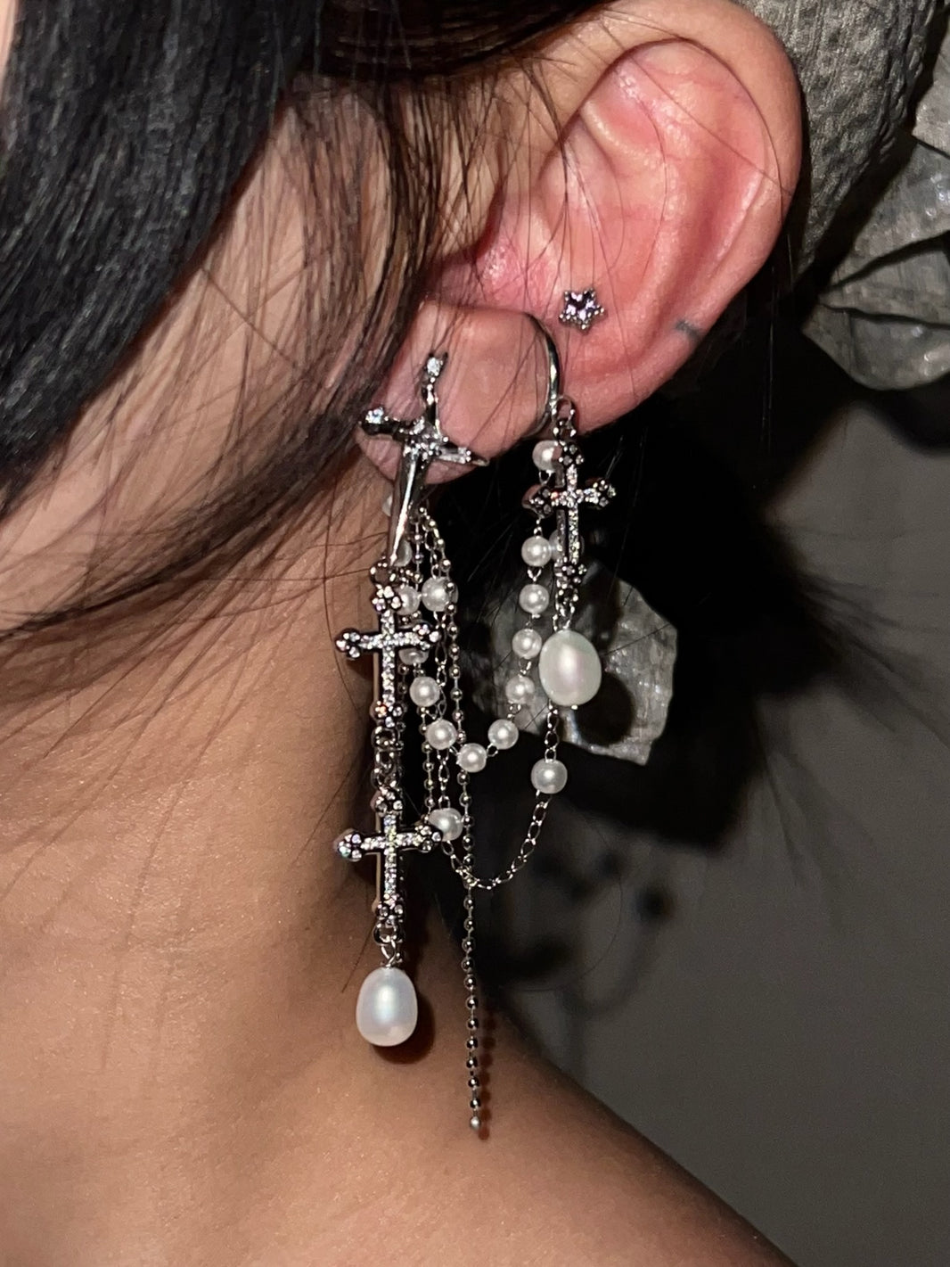 Vintage Rhinestone Cross Drop Earrings