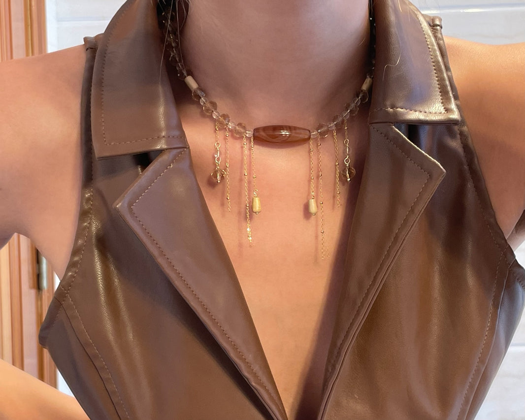 Caramel Glow - Amber Agate & Crystal Tassel Choker