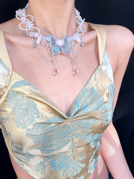 Pink Crystal Butterfly Tassel Choker