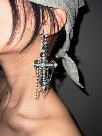 Vintage Rhinestone Cross Drop Earrings