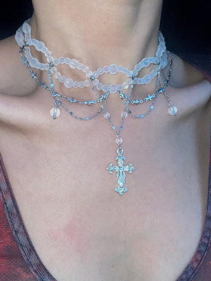 Gothic Matte Clear Bead Tassel Choker