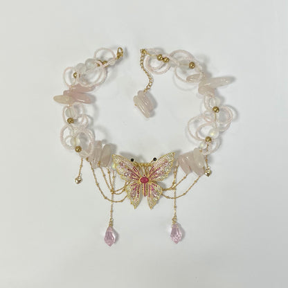 Pink Crystal Butterfly Tassel Choker