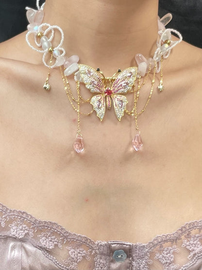 Pink Crystal Butterfly Tassel Choker