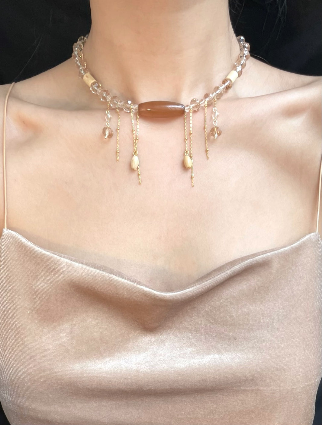 Caramel Glow - Amber Agate & Crystal Tassel Choker