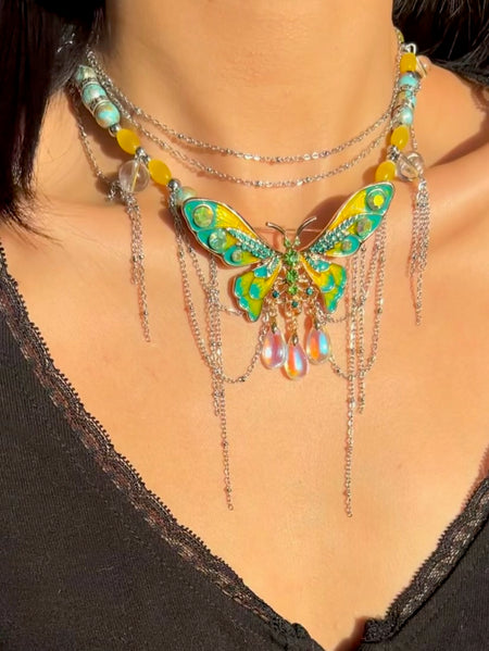Green Yellow Enamel Butterfly Multi Layer Necklace