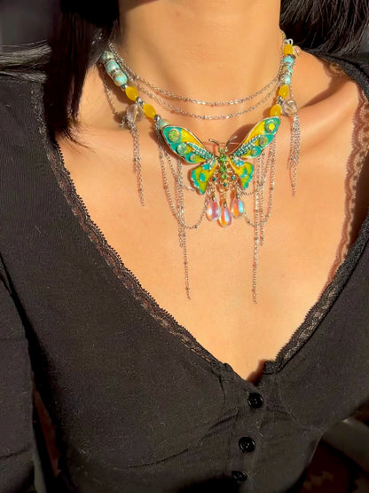 Green Yellow Enamel Butterfly Multi Layer Necklace