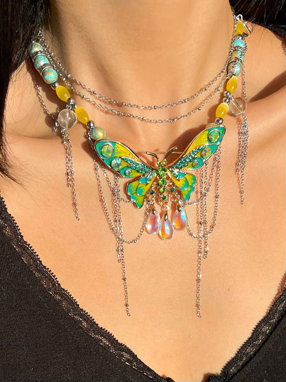 Green Yellow Enamel Butterfly Multi Layer Necklace