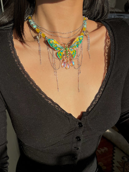 Green Yellow Enamel Butterfly Multi Layer Necklace