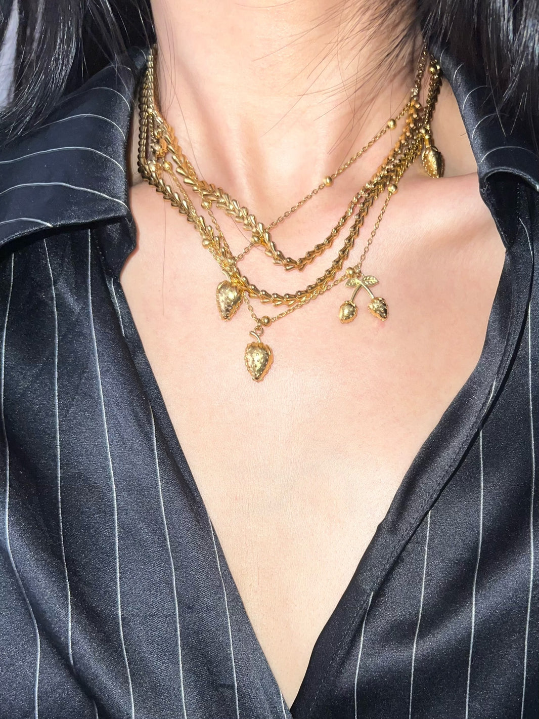 Dainty gold strawberry charm multi-layered choker necklace for summer music festival outfit