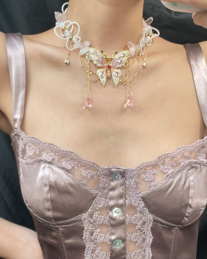 Pink Crystal Butterfly Tassel Choker